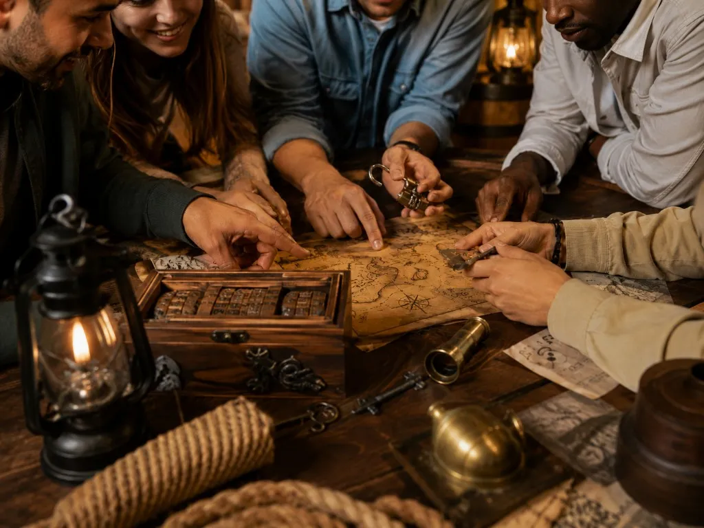 Team solving escape room puzzles together