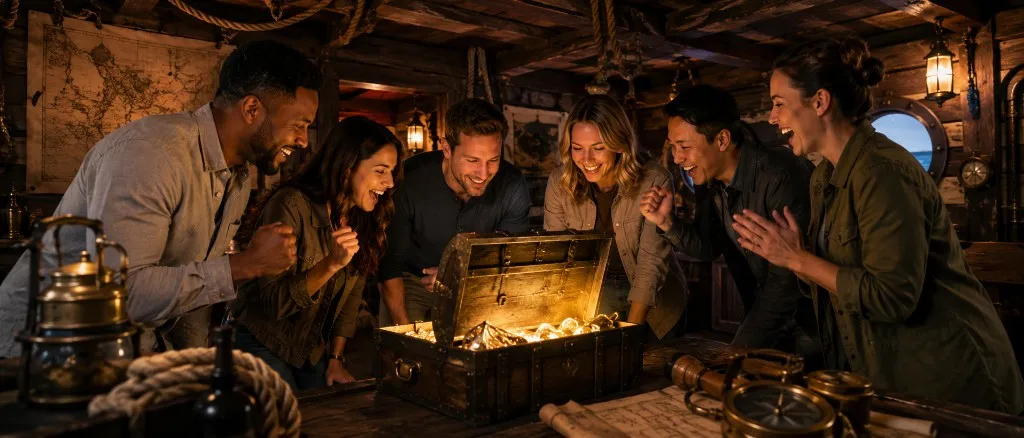 Group celebrating after opening treasure chest in escape room